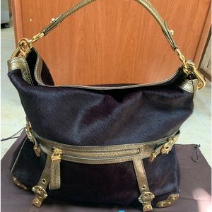 Rafe Leather Trimmed Ponyhair Shoulder Bag- Wine